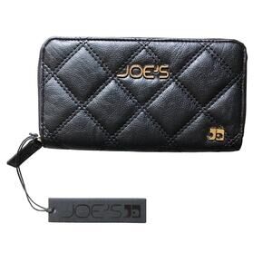 Joe's Jeans Black Gold Quilted Diamond Multi Pocket Rectangle Zip Around Wallet